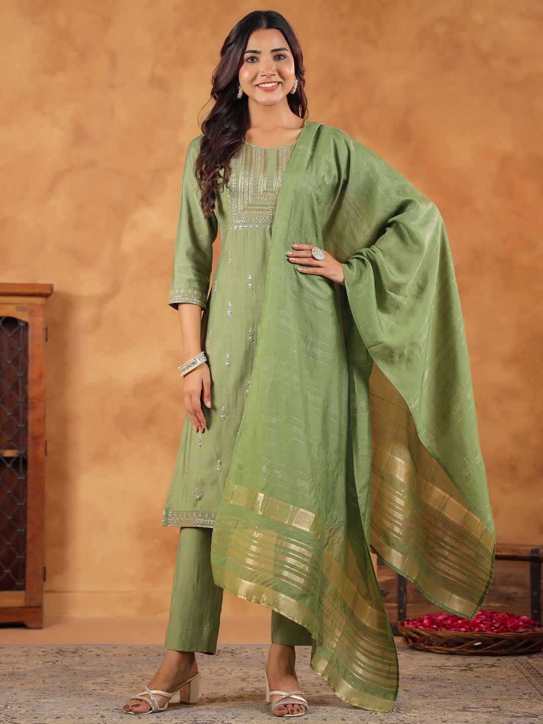 Janasya Sage Premium Chinnon Embroidered Kurta,Bottom & Dupatta - Distacart