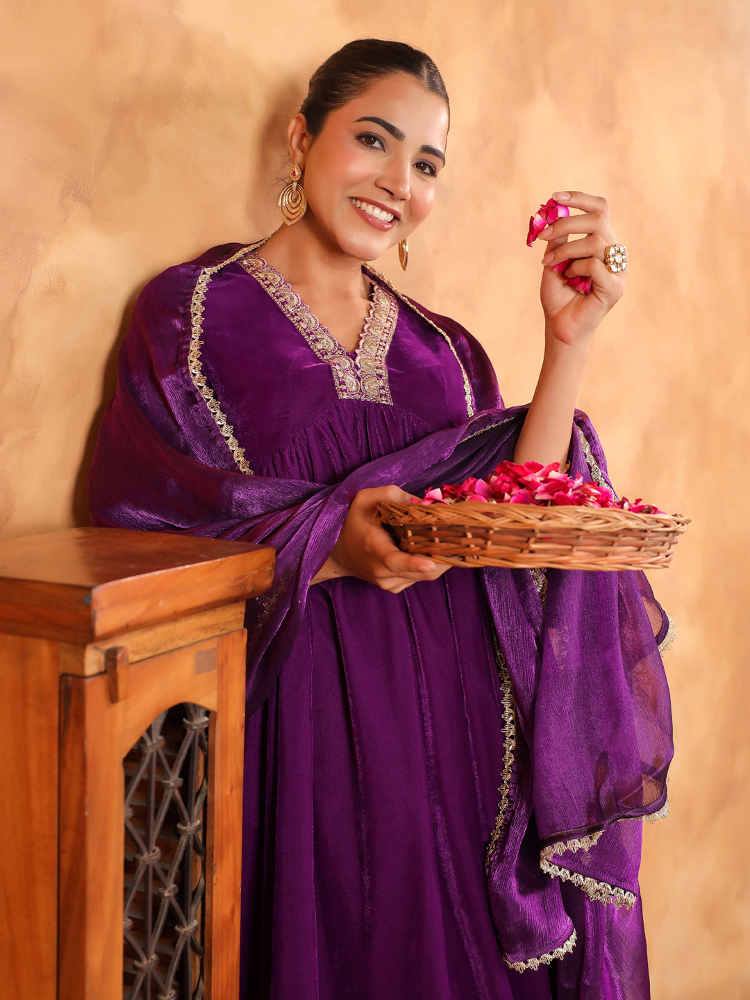 Janasya Purple Velvet Embroidered Kurta,Bottom & Dupatta - Distacart