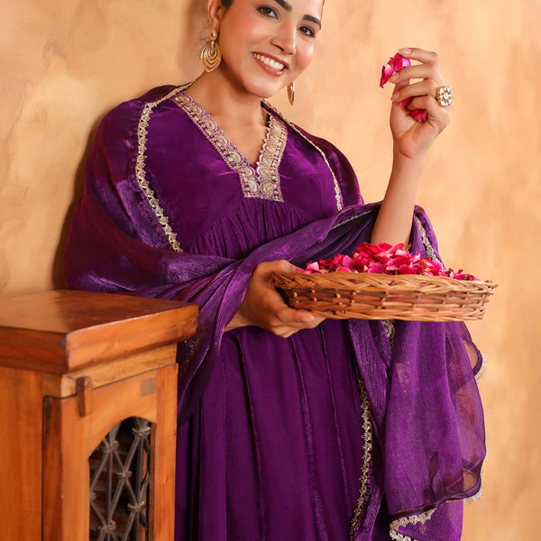 Janasya Purple Velvet Embroidered Kurta,Bottom & Dupatta - Distacart