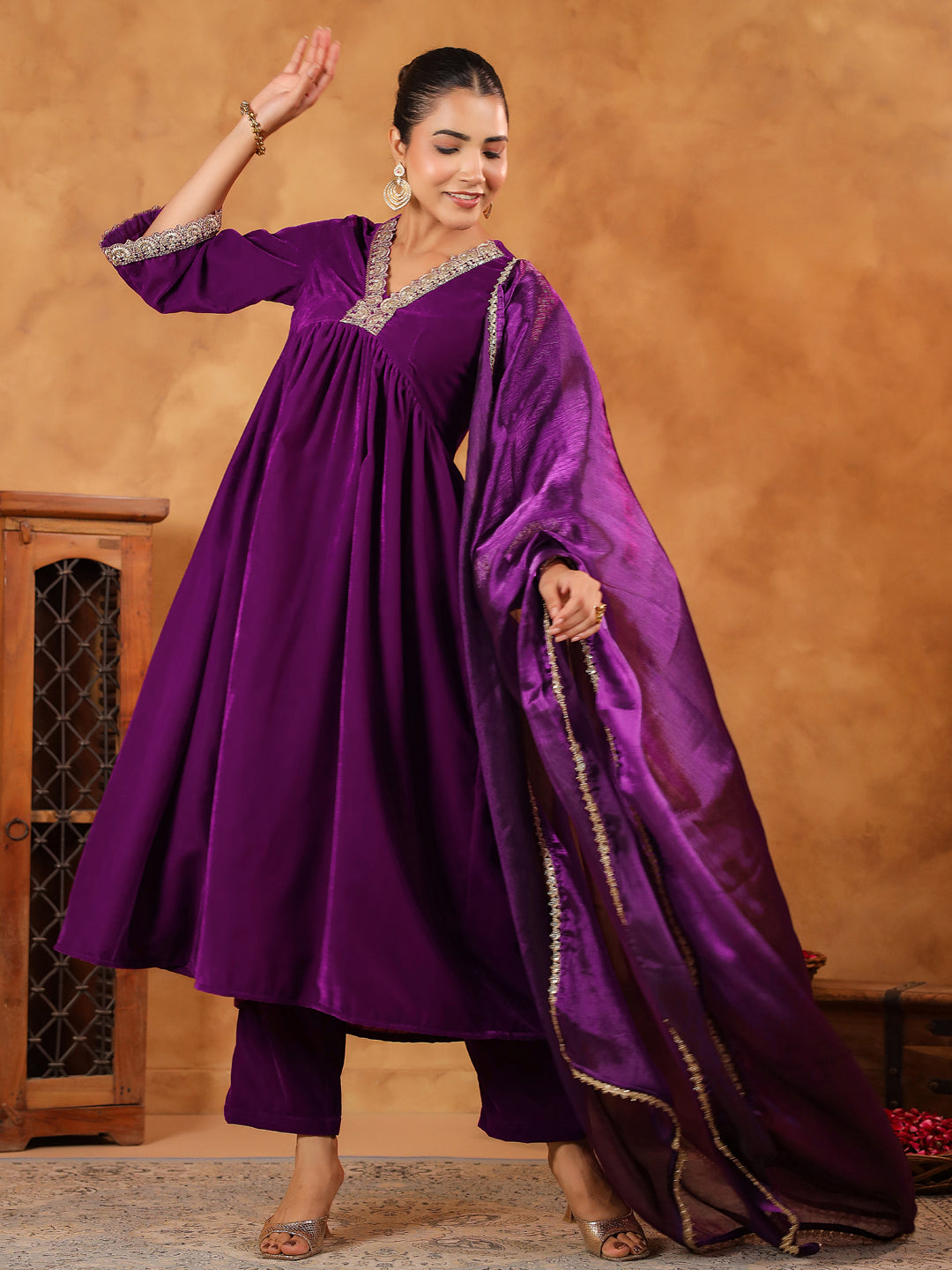 Janasya Purple Velvet Embroidered Kurta,Bottom & Dupatta - Distacart