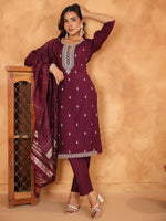 Thumbnail for Janasya Dark Chanderi Embroidered Straight Kurta Set