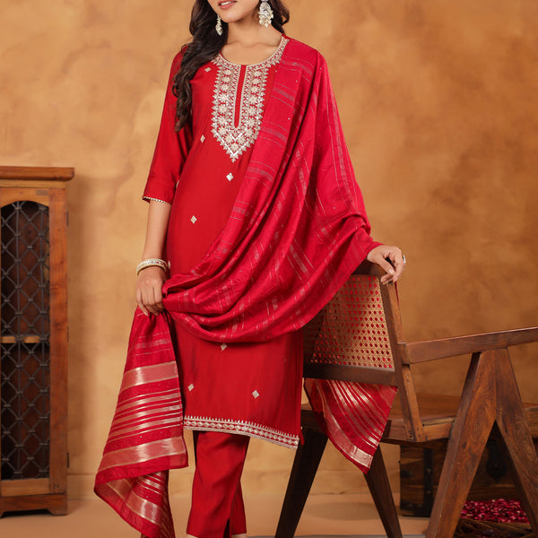 Janasya Dark Chanderi Embroidered Straight Kurta Set - Distacart