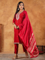 Thumbnail for Janasya Dark Chanderi Embroidered Straight Kurta Set