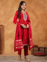 Thumbnail for Janasya Dark Chanderi Embroidered Straight Kurta Set