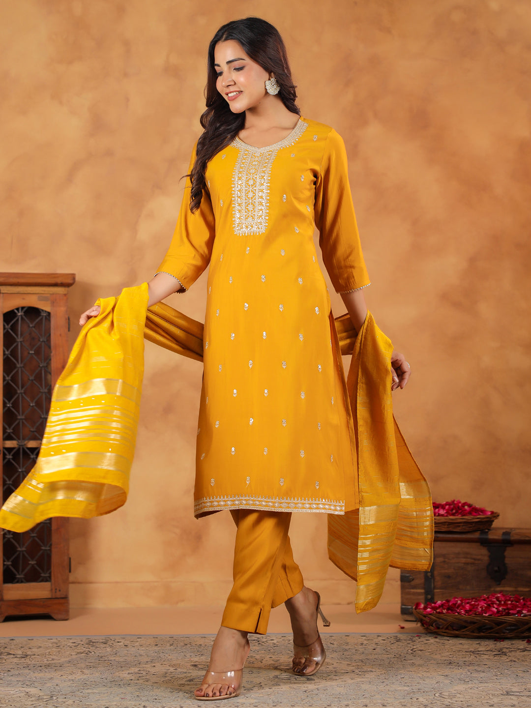 Janasya Bright Chanderi Embroidered Straight Kurta Set