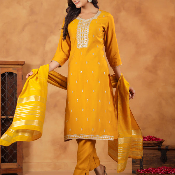 Janasya Bright Chanderi Embroidered Straight Kurta Set