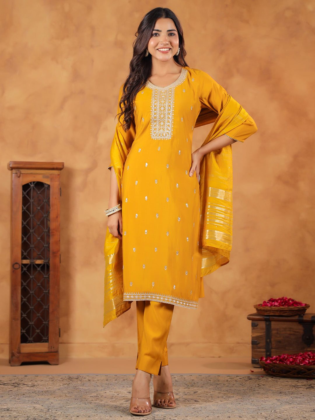 Janasya Bright Chanderi Embroidered Straight Kurta Set