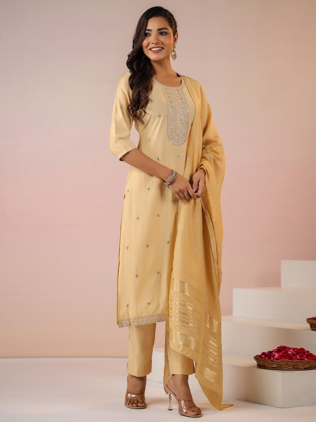 Janasya Light Chanderi Embroidered Straight Kurta Set