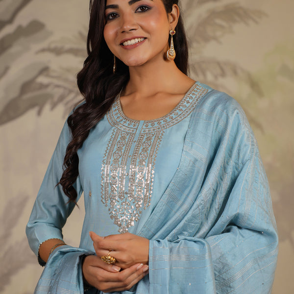 Janasya Light Chanderi Embroidered Straight Kurta Set