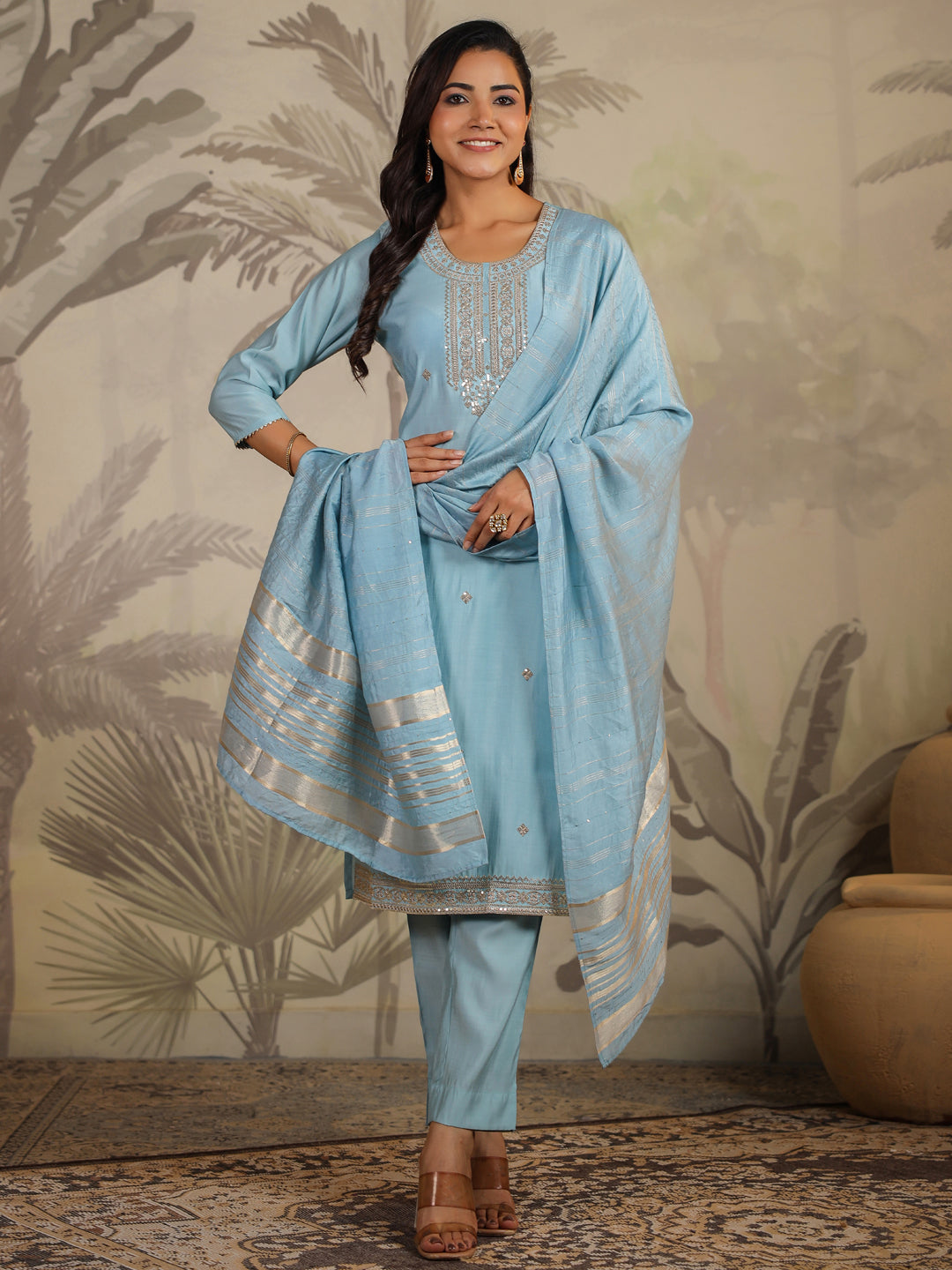 Janasya Light Chanderi Embroidered Straight Kurta Set