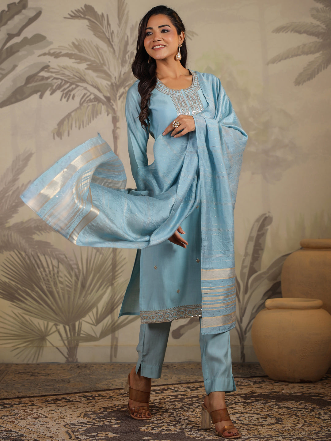 Janasya Light Chanderi Embroidered Straight Kurta Set