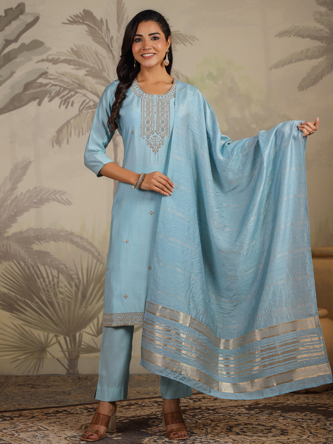 Janasya Light Chanderi Embroidered Straight Kurta Set