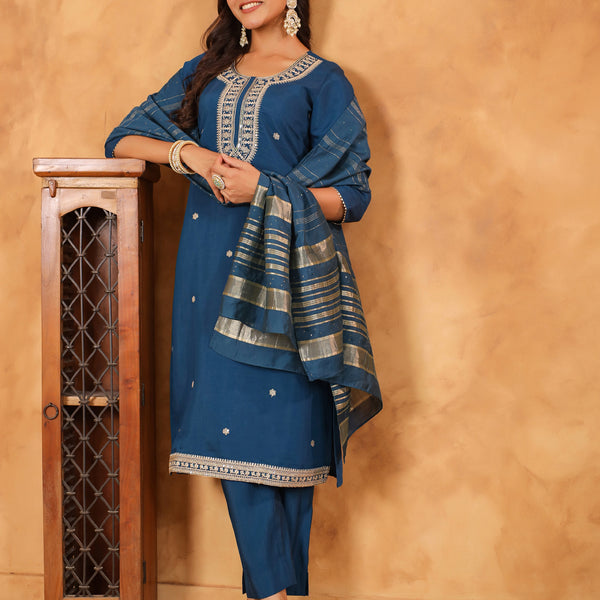 Janasya Dark Chanderi Embroidered Straight Kurta Set