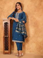 Thumbnail for Janasya Dark Chanderi Embroidered Straight Kurta Set