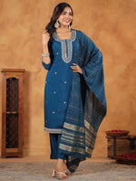 Thumbnail for Janasya Dark Chanderi Embroidered Straight Kurta Set