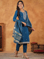 Thumbnail for Janasya Dark Chanderi Embroidered Straight Kurta Set