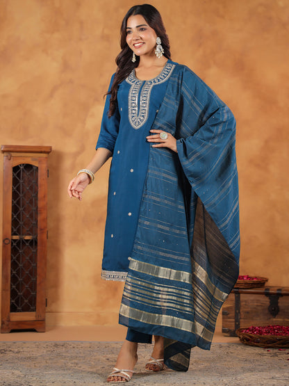 Janasya Dark Chanderi Embroidered Straight Kurta Set - Distacart