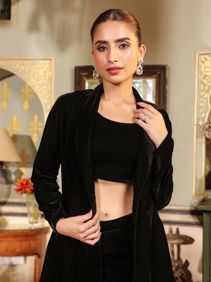 Janasya Black Velvet Solid Top,Bottom & Jacket - Distacart