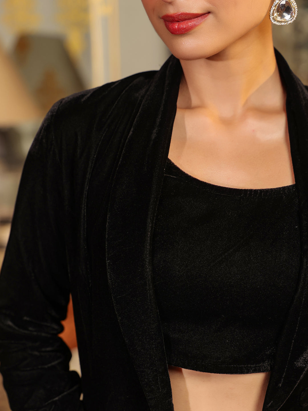 Janasya Black Velvet Solid Top,Bottom & Jacket - Distacart