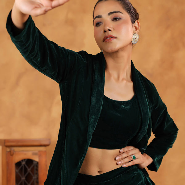 Janasya Green Velvet Solid Top,Bottom & Jacket - Distacart