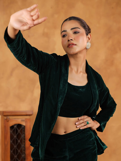 Janasya Green Velvet Solid Top,Bottom & Jacket - Distacart