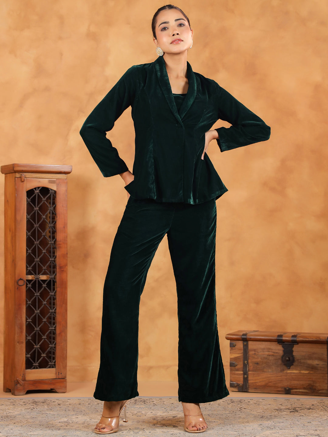 Janasya Green Velvet Solid Top,Bottom & Jacket - Distacart
