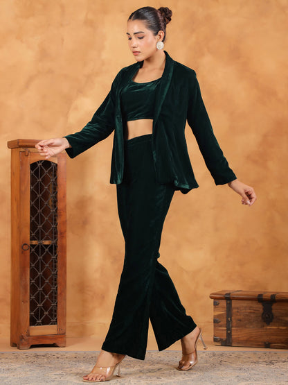 Janasya Green Velvet Solid Top,Bottom & Jacket - Distacart