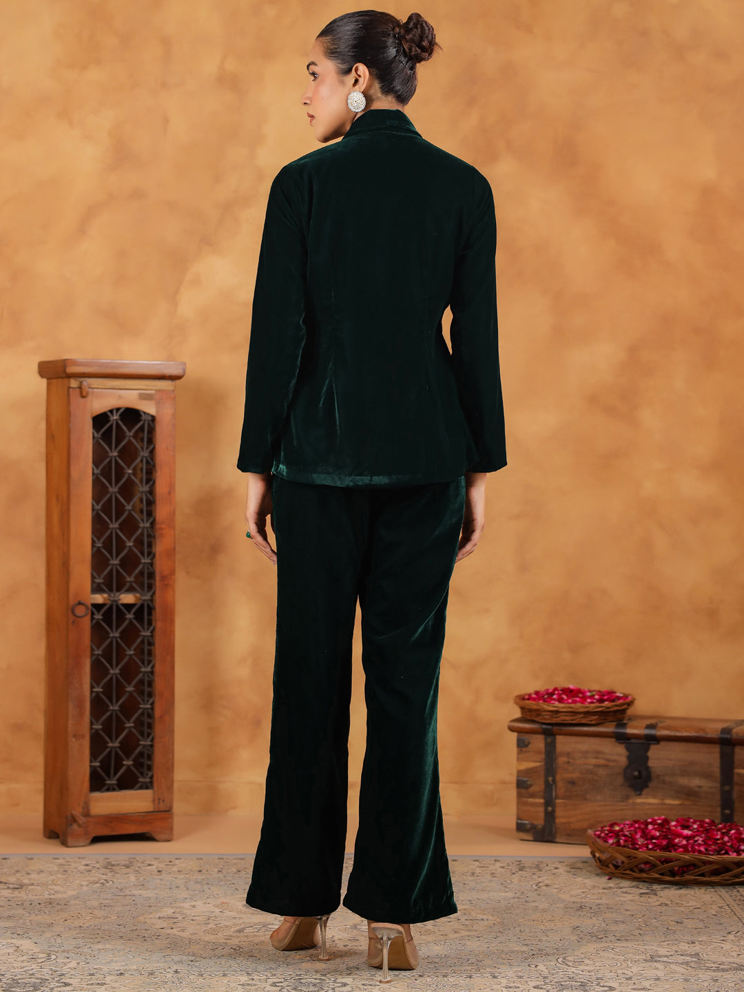 Janasya Green Velvet Solid Top,Bottom & Jacket - Distacart