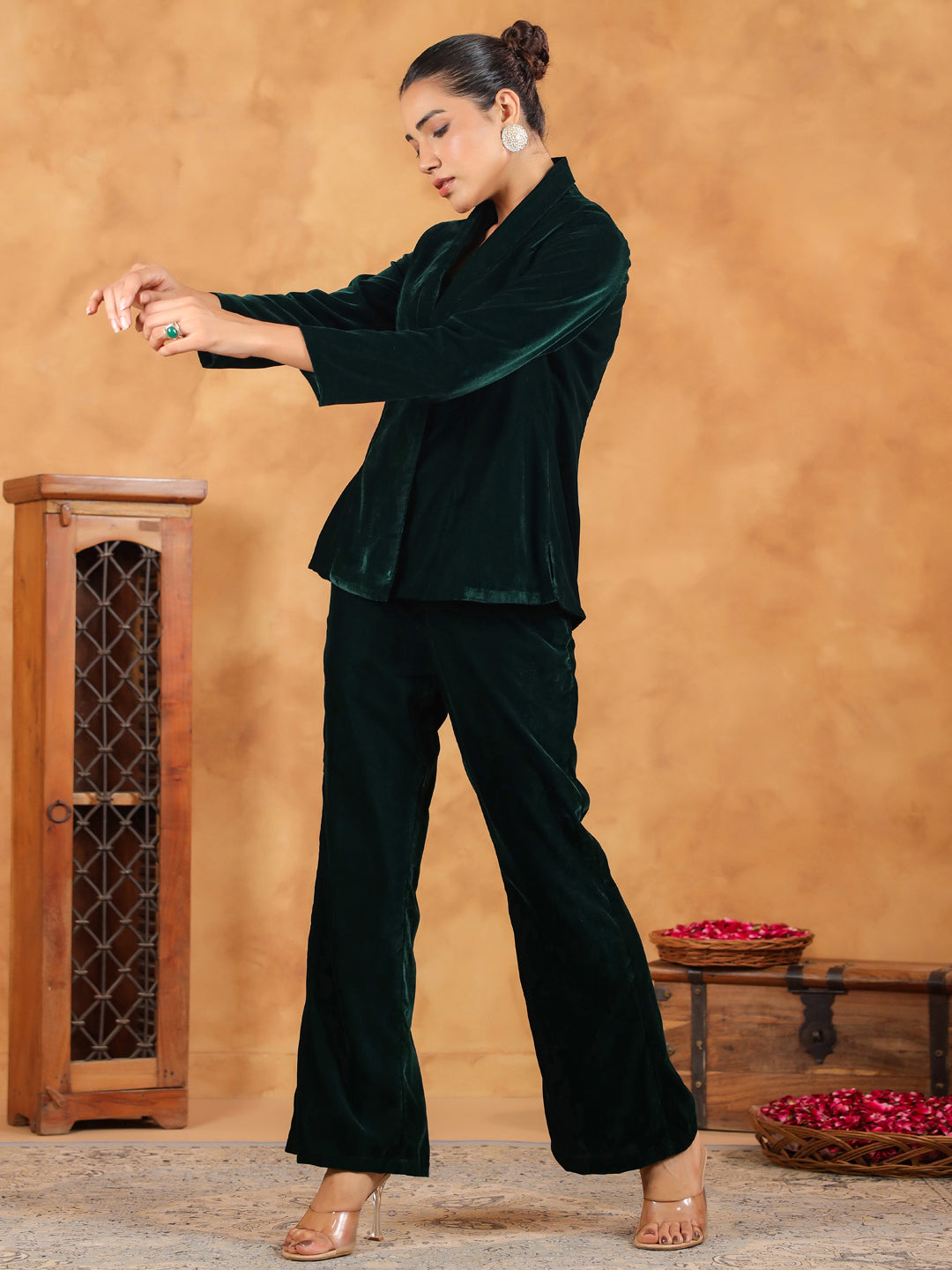 Janasya Green Velvet Solid Top,Bottom & Jacket - Distacart