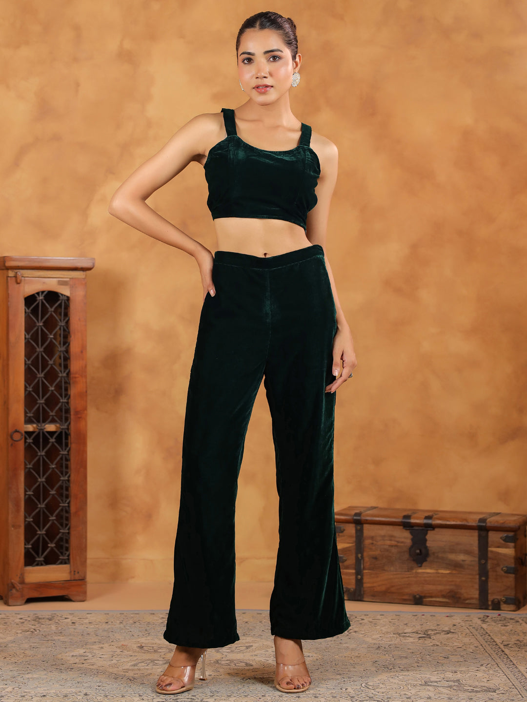 Janasya Green Velvet Solid Top,Bottom & Jacket - Distacart