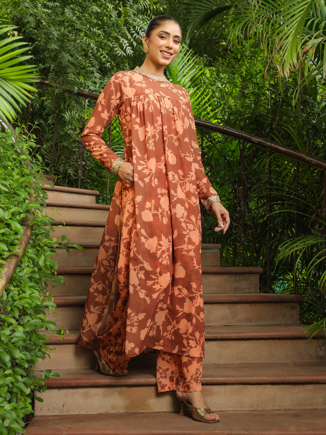 Janasya Brown Weightless Georgette Floral Kurta, pant & Jacket - Distacart
