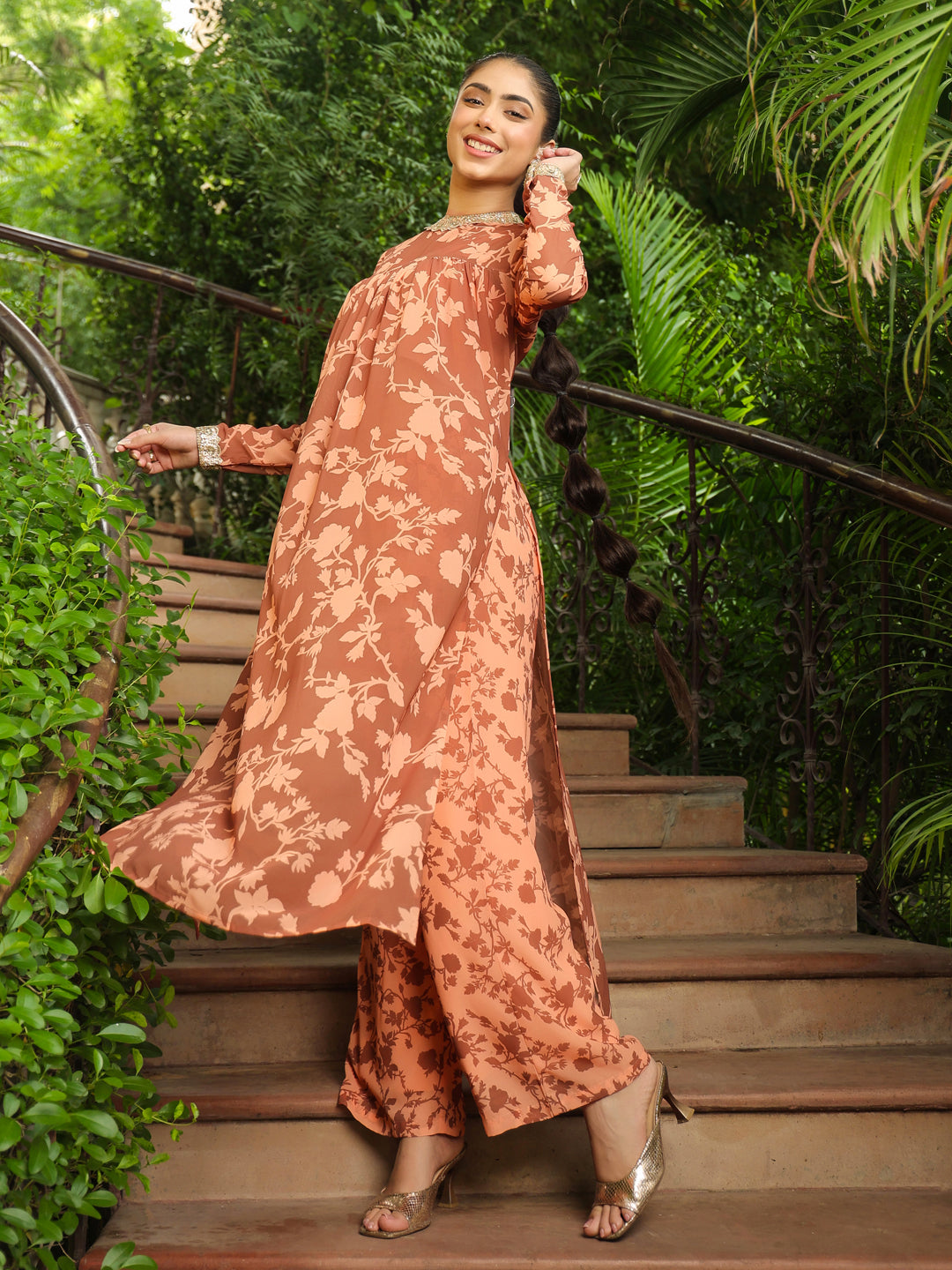 Janasya Brown Weightless Georgette Floral Kurta, pant & Jacket - Distacart