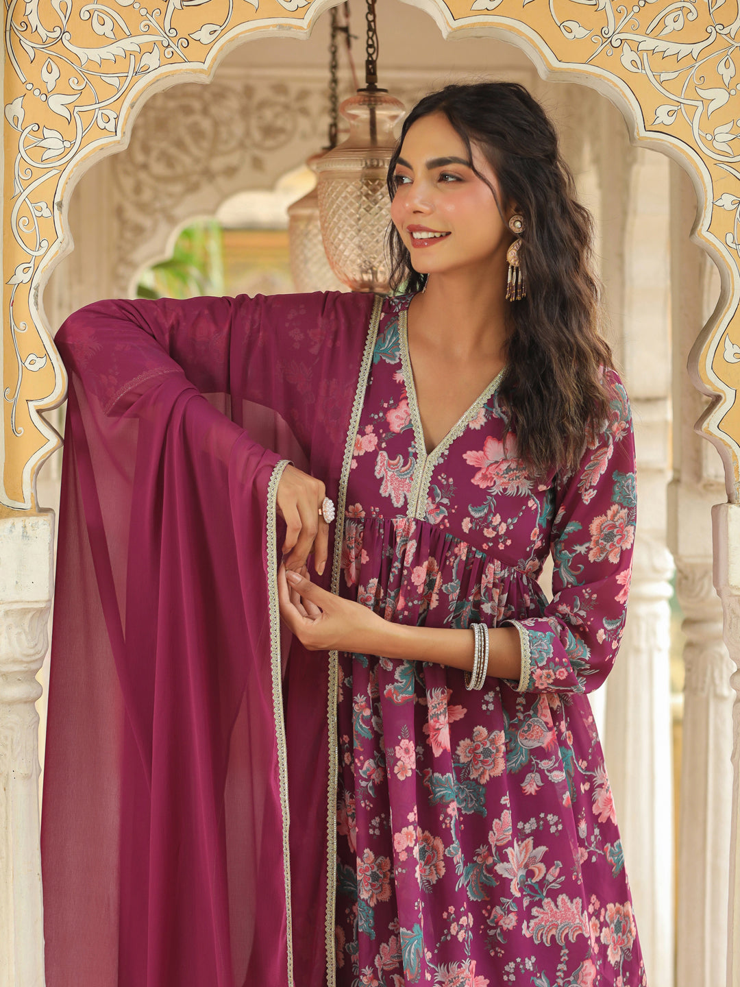 Janasya Purple Weightless Georgette Printed Kurta,Bottom & Dupatta - Distacart