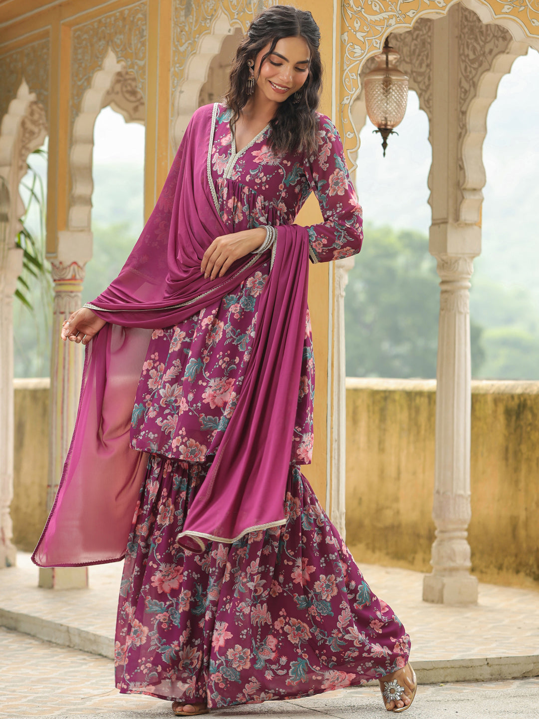 Janasya Purple Weightless Georgette Printed Kurta,Bottom & Dupatta - Distacart