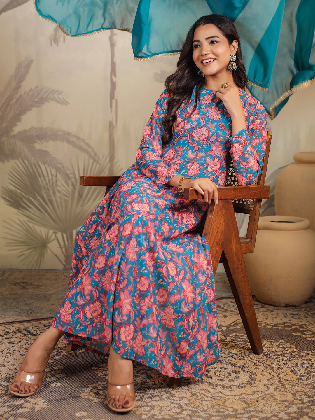 Janasya Teal Weightless Georgette Floral Kurta,Bottom & Dupatta - Distacart