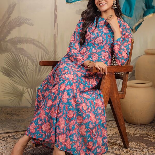 Janasya Teal Weightless Georgette Floral Kurta,Bottom & Dupatta - Distacart