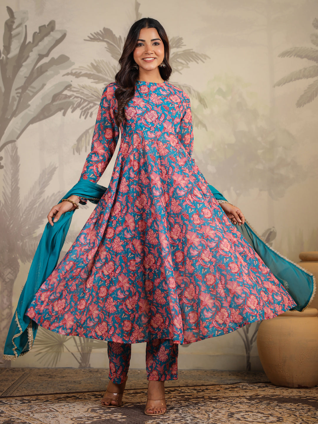 Janasya Teal Weightless Georgette Floral Kurta,Bottom & Dupatta - Distacart