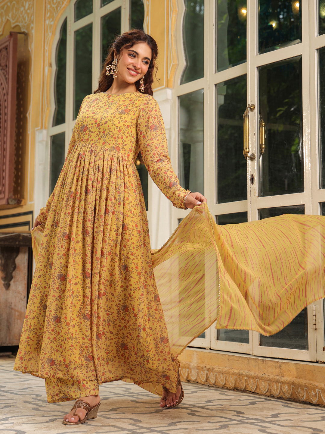 Janasya Mustard Georgette Floral Kurta,Bottom & Dupatta - Distacart