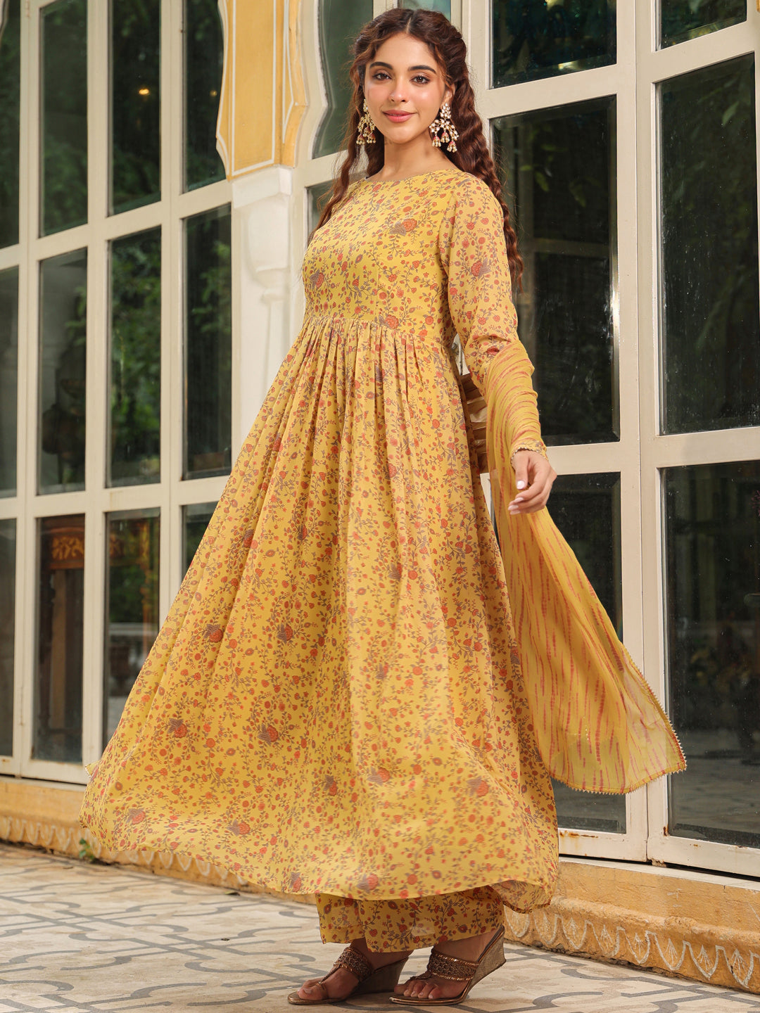 Janasya Mustard Georgette Floral Kurta,Bottom & Dupatta - Distacart