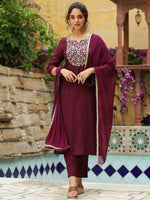 Thumbnail for Janasya Dark Chanderi Yoke Embroidery Straight Kurta Set