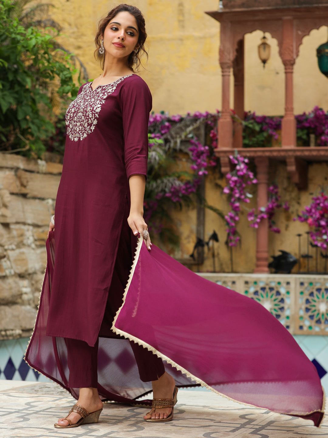 Janasya Dark Chanderi Yoke Embroidery Straight Kurta Set