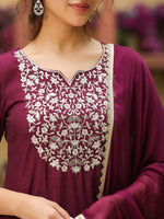 Thumbnail for Janasya Dark Chanderi Yoke Embroidery Straight Kurta Set