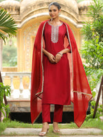 Thumbnail for Janasya Dark Chanderi Embroidered Straight Kurta Set