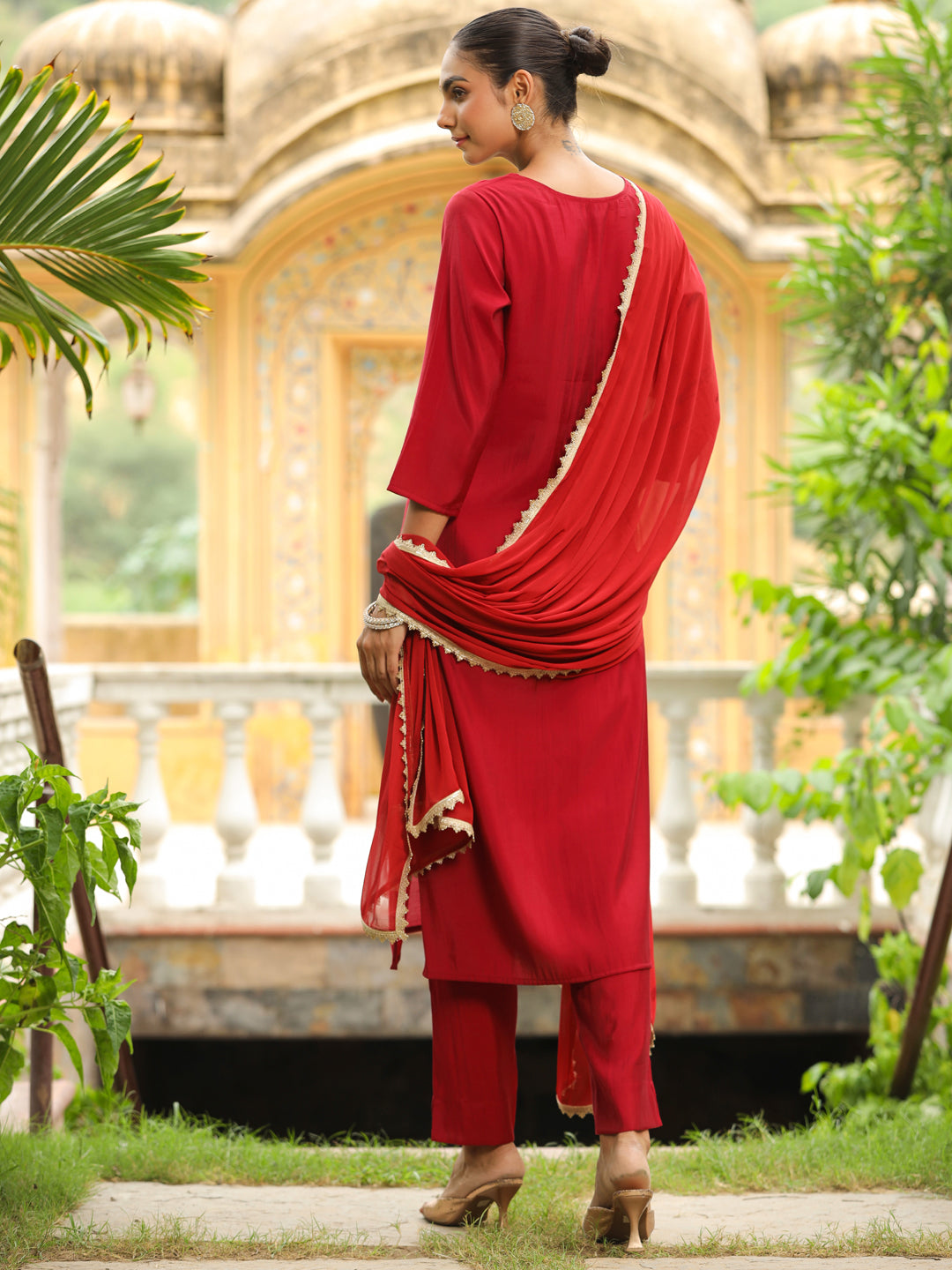 Janasya Dark Chanderi Embroidered Straight Kurta Set