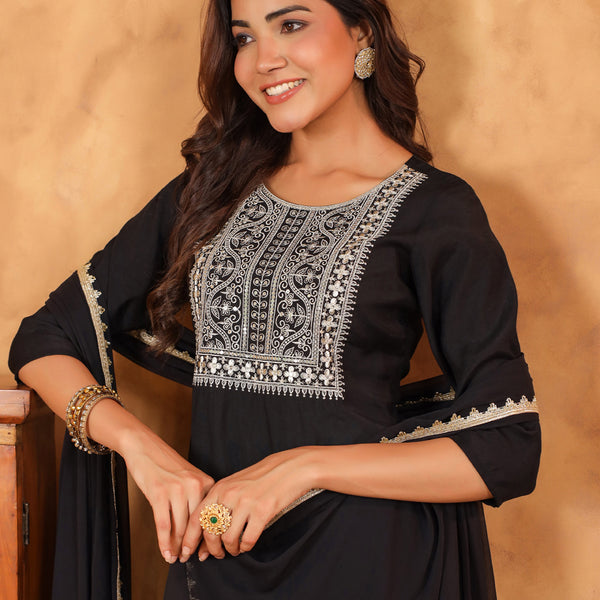Janasya Dark Chanderi Embroidered Straight Kurta Set