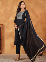 Thumbnail for Janasya Dark Chanderi Embroidered Straight Kurta Set