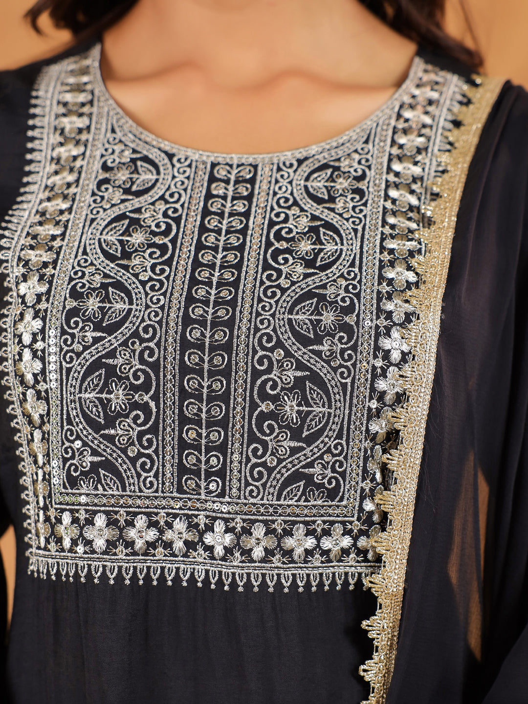 Janasya Dark Chanderi Embroidered Straight Kurta Set