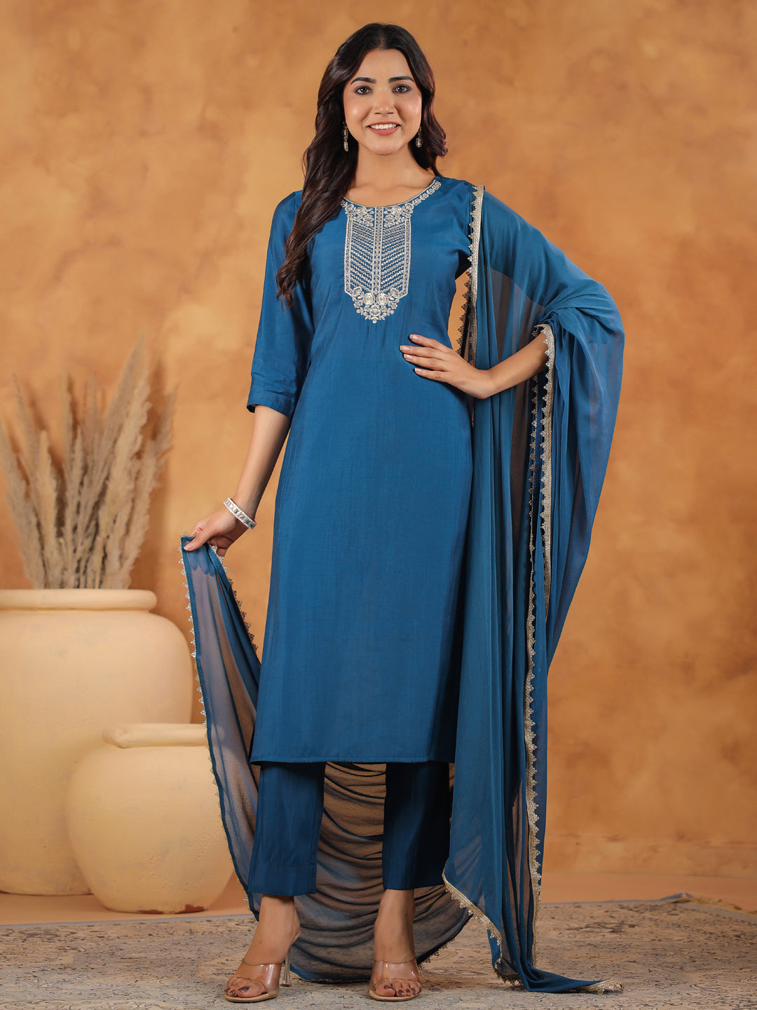 Janasya Dark Chanderi Yoke Embroidery Straight Kurta Set - Distacart