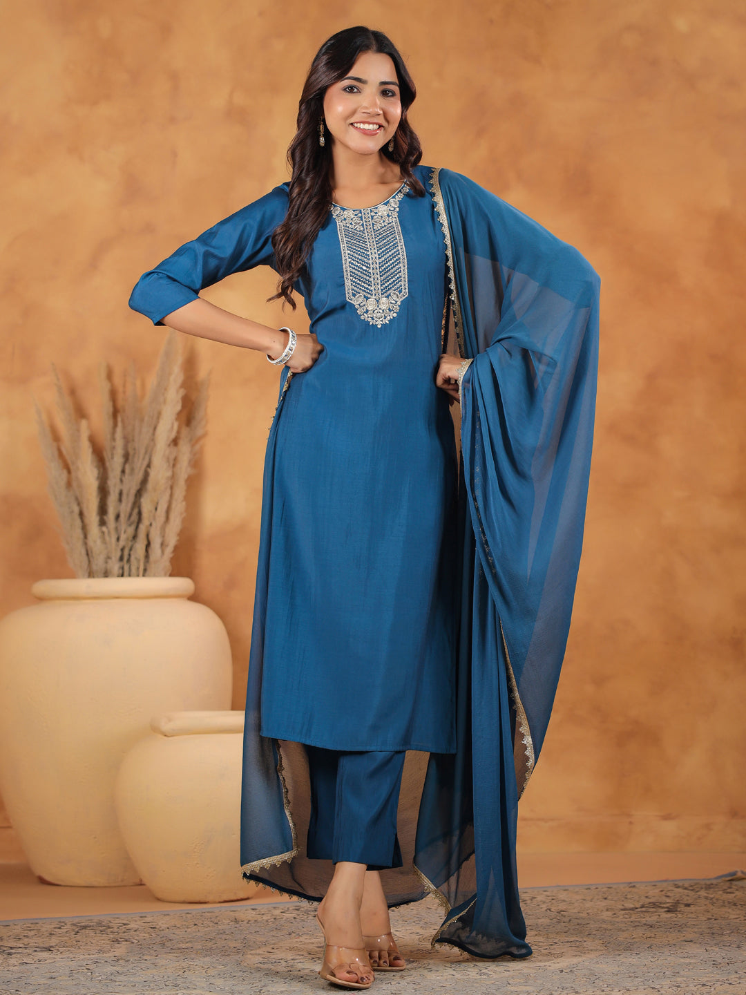 Janasya Dark Chanderi Yoke Embroidery Straight Kurta Set - Distacart