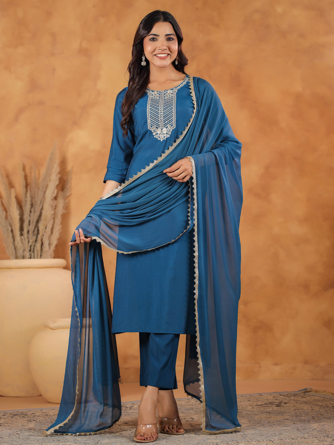 Janasya Dark Chanderi Yoke Embroidery Straight Kurta Set - Distacart